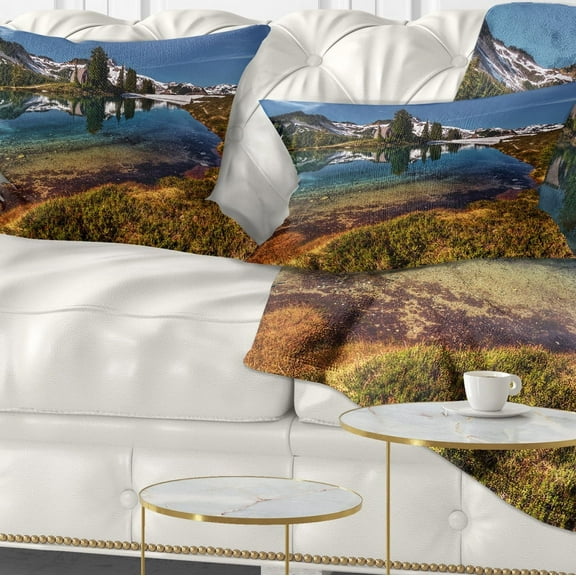 Designart Curving Mountain Lake Shore - Landscape Printed Throw Pillow - 12x20