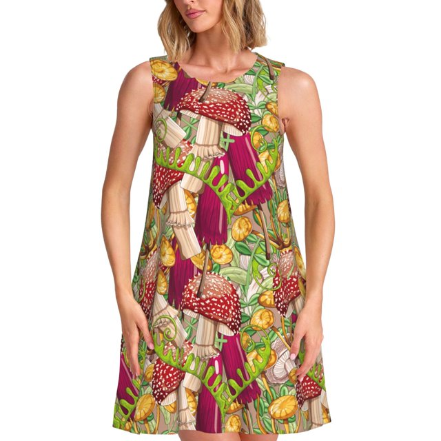 Easygdp Bright Mushrooms para Vestido Transpirable de Mujer, Vestido Suelto de Manga Corta con Pliegues y Bolsillos para el Verano