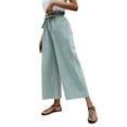 thumbnail image 4 of DYMADE Women Elastic Waist Solid Color Cotton Linen Drawstring Wide Leg Pants Loose Capris, 4 of 4