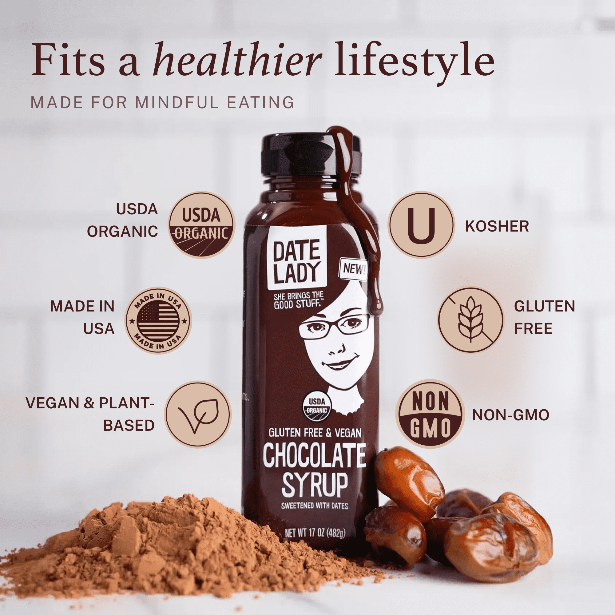 Date Lady Chocolate Syrup | Sweetened only with dates | No refined sugar, corn syrup or flavoring.