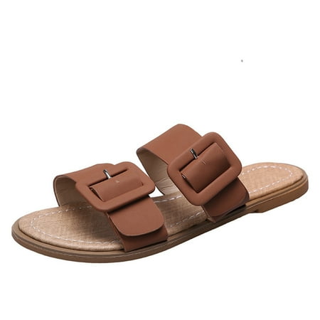 

A0624 sandals for Women Fashion Summer Women Sandals Soft Bottom Flat Open Toe Belt Buckle Beach Slippers Casual PU