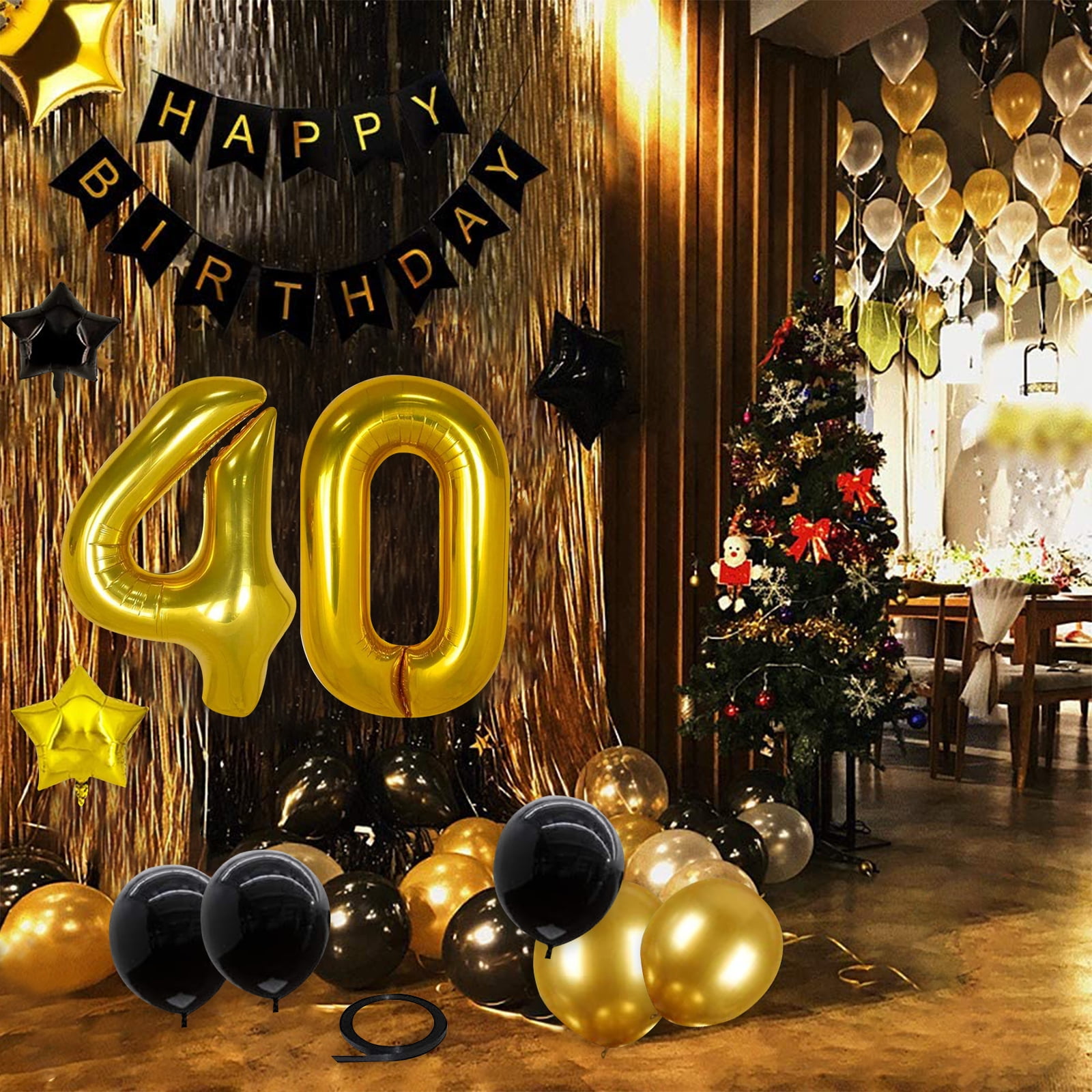 40th Birthday Decorations Kit, Large Number 40 Balloons, Black and Gold Happy Birthday Banner with Latex and Star Balloons, 40 Birthday Balloons Set Party Supplies, 24 Pack
