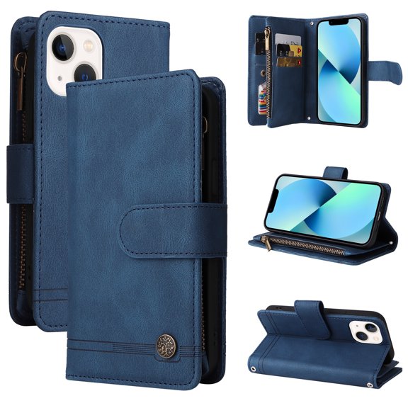 Case for iPhone 13 Cover Zipper Pocket Wallet Case Magnetic Protective - Blue
