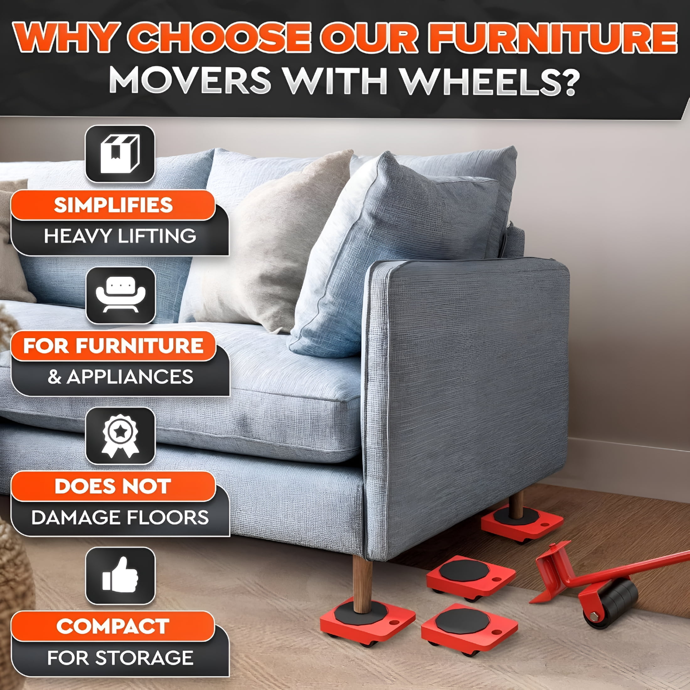 XIBUFE Furniture Lift Mover Tool Set,Heavy Duty Furniture Lifter With 4 Sliders with 360°Swivel,Moving Lifting for Home,Office,Sofas,Beds,Refrigerators More Heavy Furniture,Effort-Saving Design