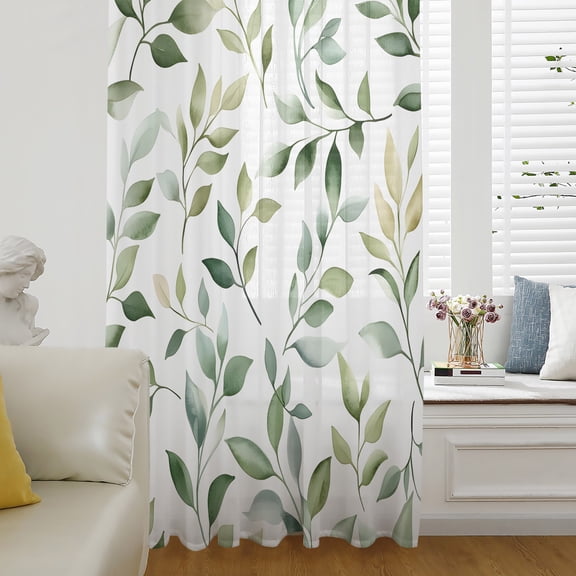 Spring Leaves Sheer Curtains 45 Inch Length, Light Filtering Voile Curtain Panel, Sage Green Botanical Eucalyptus Vines Rod Pocket Drapes Window Treatments for Living Room Bedroom 52"x45"