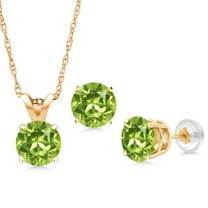 Gem Stone King 14K Yellow Gold Green Peridot Pendant and Earrings Jewelry Set for Women (2.55 Cttw, Round 6MM, Gemstone Birthstone, With 18 inch Chain)