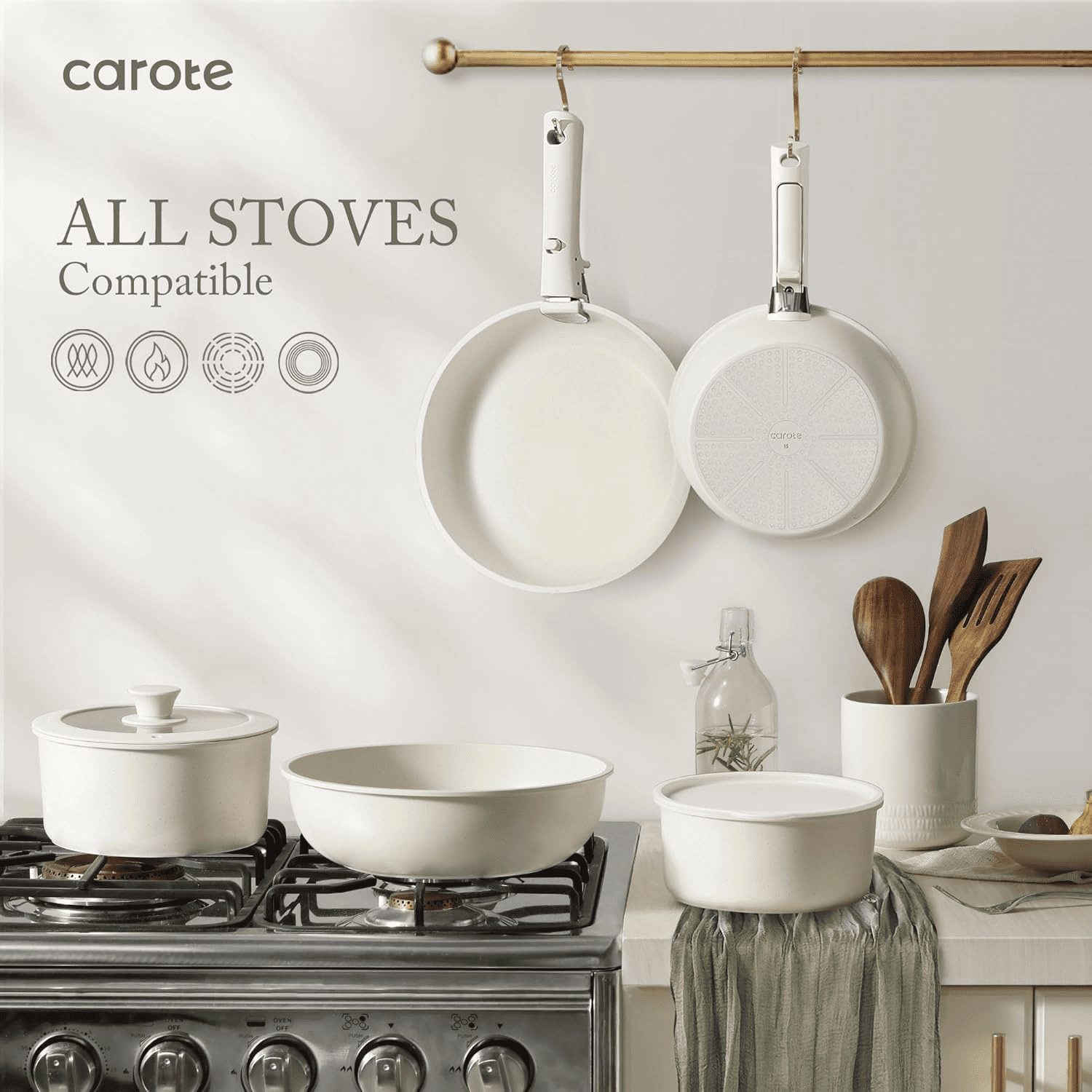 Carote Nonstick Cookware Sets, 17 Pcs Non Stick Pots and Pans Set with Removable Handle, Dishwasher & Oven Safe, Induction Compatible, White