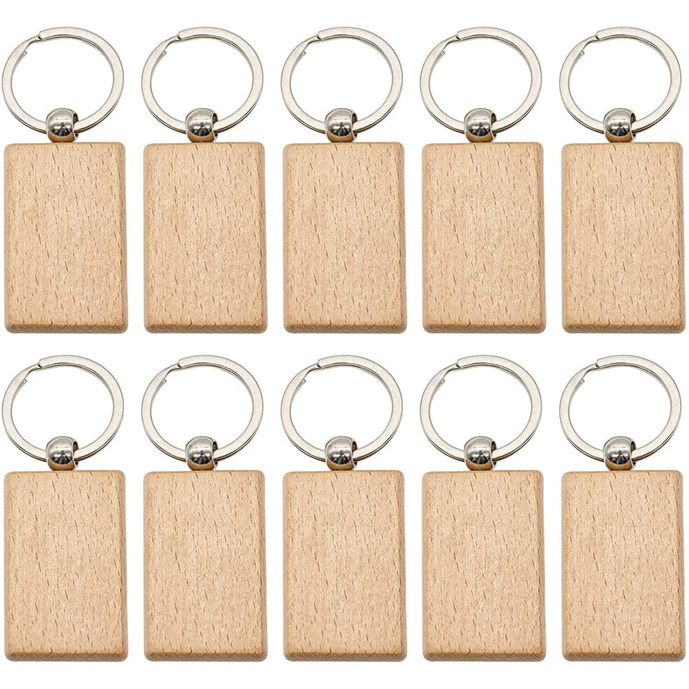 100Pcs DIY Blank Wooden Key Chain Rectangle Heart Round Ellipse Carving Key Ring Wood Key Chain Ring