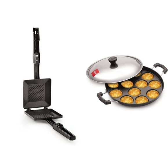TSTSOLO Solo Regular Gas Sandwich Toaster Black + 12 Cavity Black Appam Patra Side Handle With Lid, 23 Cm | Non-stick Inner Layer