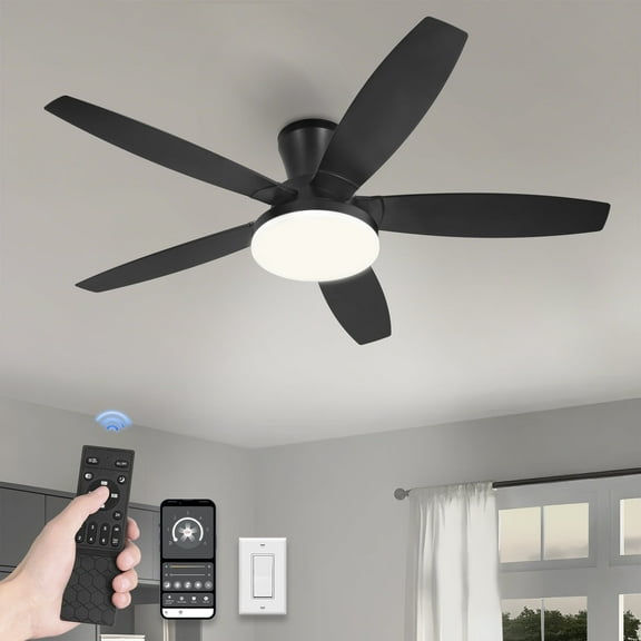 Zardon 48in Ceiling Fans with Light and Remote Control, Flush Mount Ceiling Fans with Reversible 6 Speeds, for Indoor, Outdoor, Black
