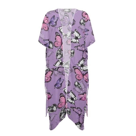 HELLHERO Purple Watercolor Butterfly Kimono Cover Up - Lightweight Breathable Beachwear for Summer Vacation, Pool & Resort - Flowy Loose Fit for Women