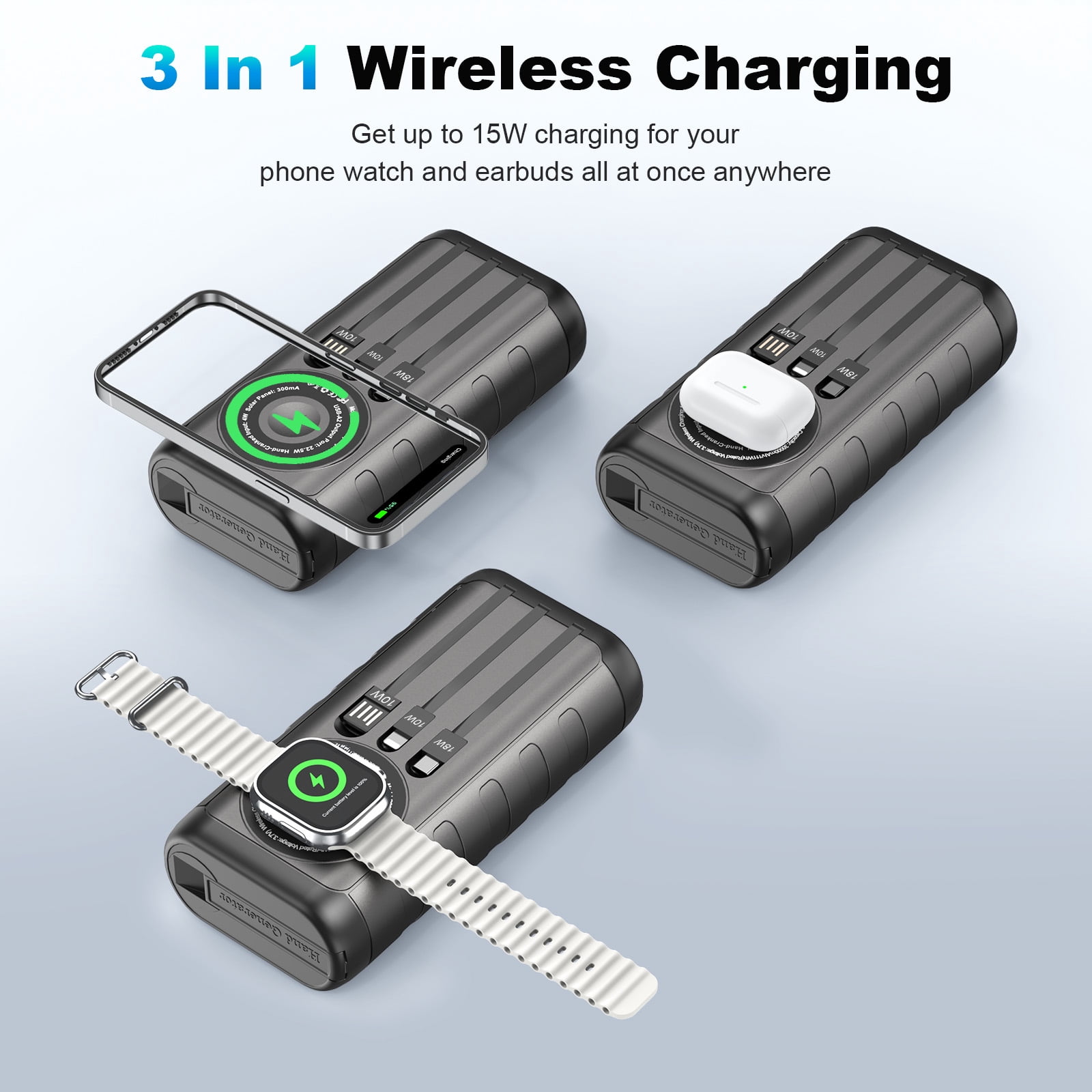 SOLPOWBEN 59800mAh Solar Power Bank, Portable 3-in-1 Wireless Charger, 20W Fast Charging External Battery Pack with Hand Crank, 6 Outputs, Dual Flashlight for Hiking Camping Essentials