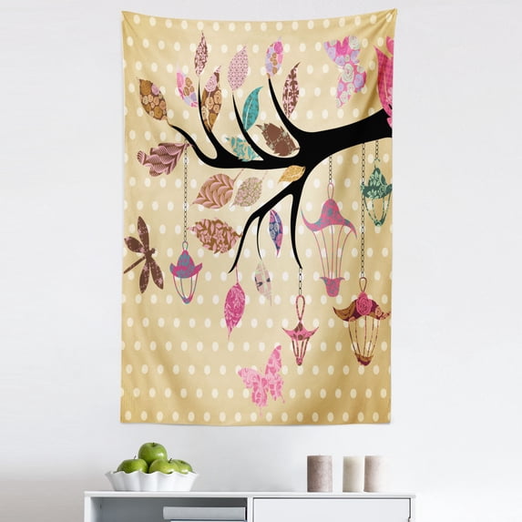 Floral Tapestry, Tree Branch with Original Lantern and Leaves on Polka Dots Backdrop Ethnic, Fabric Wall Hanging Decor for Bedroom Living Room Dorm, 5 Sizes, Multicolor, by Ambesonne