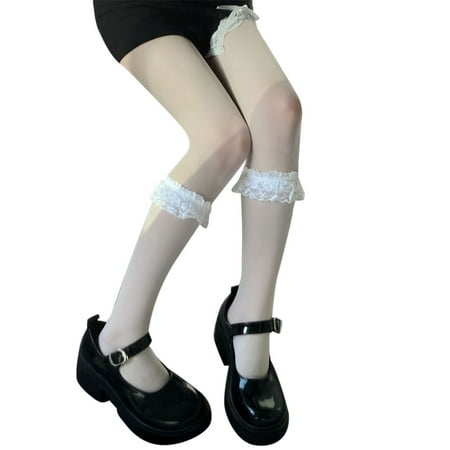 

Sweet Japanese Lolita Summer Silky Long Socks Ruffled Lace Bow Knot Harajuku Kawaii College Style Calf Length Stockings