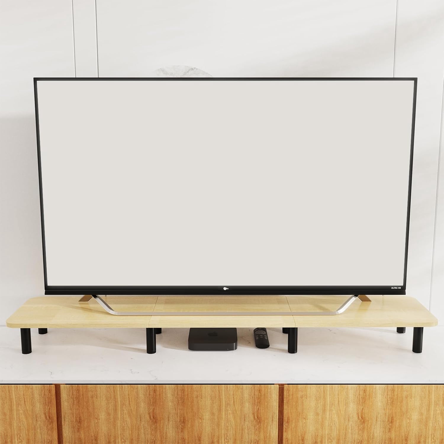 Extra Long Dual Monitor Stand - 43.7 Inch Wide Wood and Steel Desktop Riser for Home Office Desk Organization