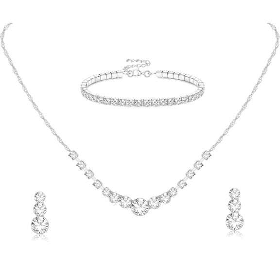 3pcs Crystal Wedding Jewelry Set, Silver Necklace Earrings Bracelet Crystal Bridal Wedding Jewelry Set for Bride Bridesmaid Prom Costume Accessories