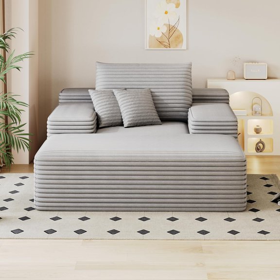 BISHE Oversized Upholstered Sofa Bed with 3 Pillows, 68" Corduroy Chaise Lounge Sleeper Couch, Fully Compressed Foam Loveseat for Apartment, Living Room, Bedroom, Grey