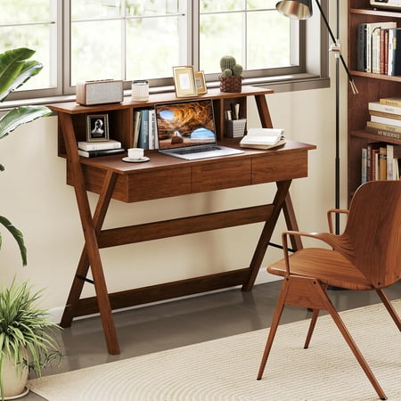 Computer Desk With Hutch, Home Office Writing Study Workstation Table With Three Storage Drawers And Monitor Stand, Mid Century Modern Style, Walnut Brown, Single Piece