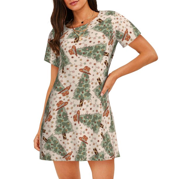 Easygdp Cowboy Christmas Trees Camisón de manga corta para mujer, informal, estampado