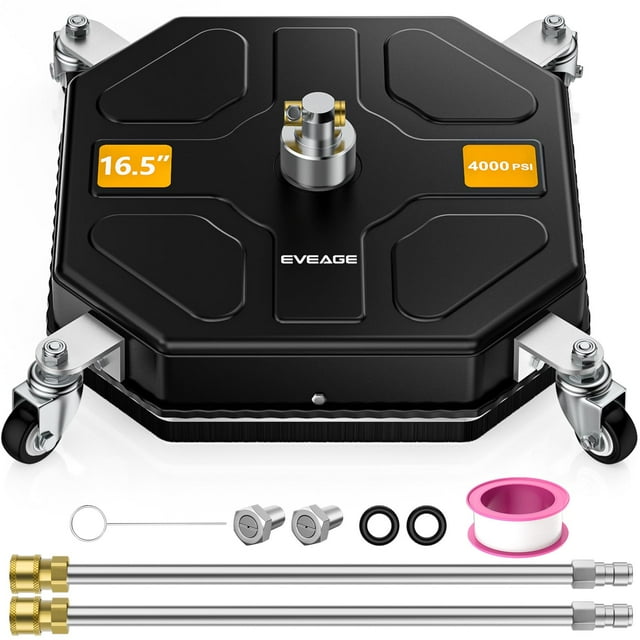 Accesorio limpiador de superficies para hidrolavadora EVEAGE de 16.5", disco cuadrado de 4000 PSI con conexión rápida de 1/4", 2 varillas de extensión, limpieza de esquinas y bordes, BJ16