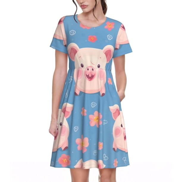 Easygdp Cute Pig Flowers para Vestido Transpirable de Mujer, Vestido Suelto de Manga Corta con Pliegues y Bolsillos para el Verano