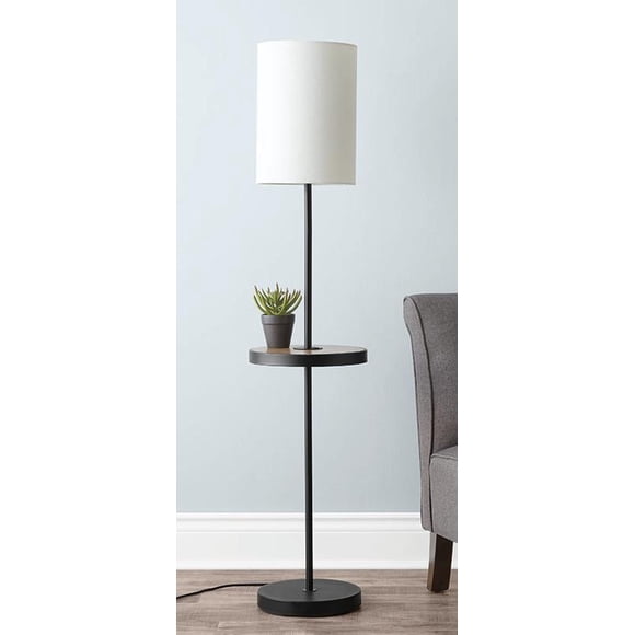 Mainstays 62 inch Matte Black Base with Faux wood tray table Floor Lamp