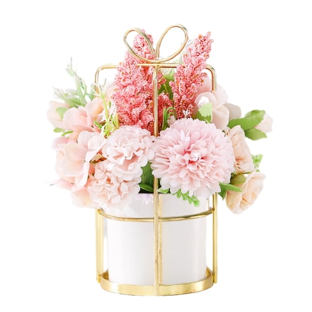 Arreglo de flores de seda en macetas pequeñas con flores falsas y jarrón, centro de mesa para boda, hogar y oficina