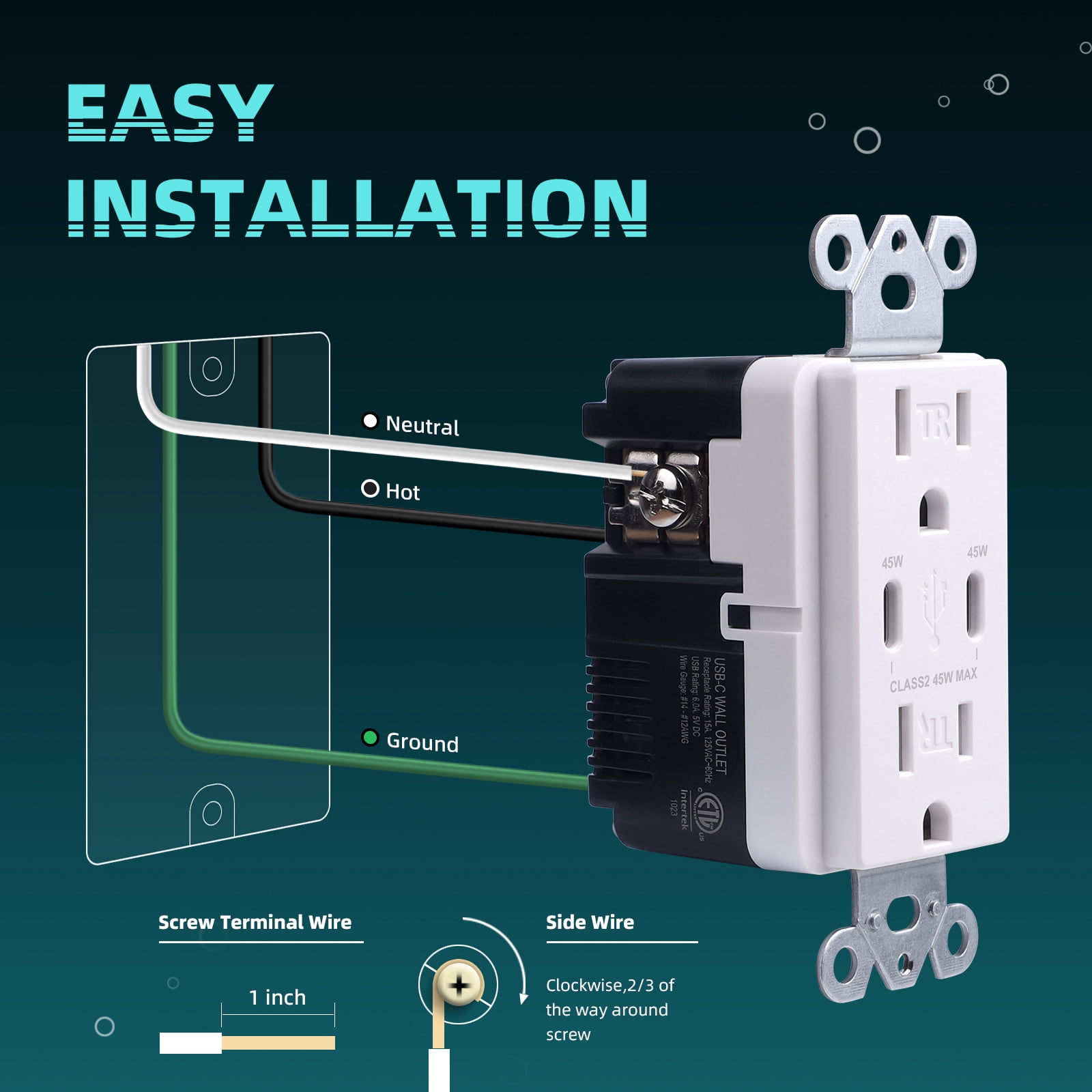TOPELER PD USB Wall Outlet, 45w Fast Speed 2 Type-C Ports Charger Receptacles, 15A TR Receptacle, Screwless Wall Plate Included, ETL Listed & FCC Approval