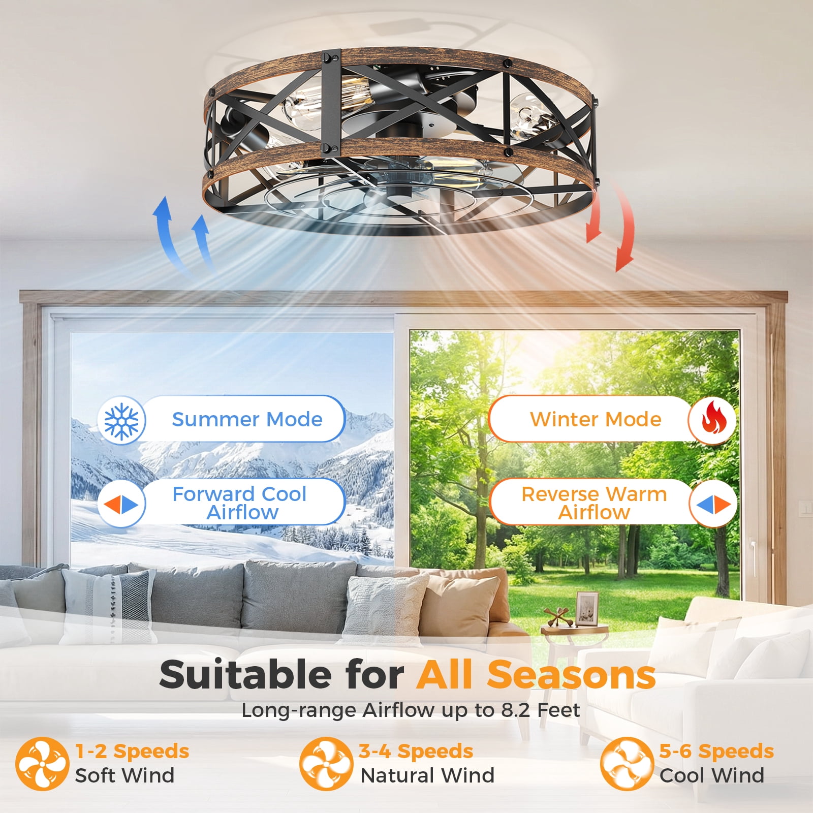 CONCETTA 22" Farmhouse Flush Mount Ceiling Fan with Lights, Quiet Bladeless Fandelier for Bedroom Kitchen, Remote Control Rustic Low Profile Caged Ceiling Fan, Gold