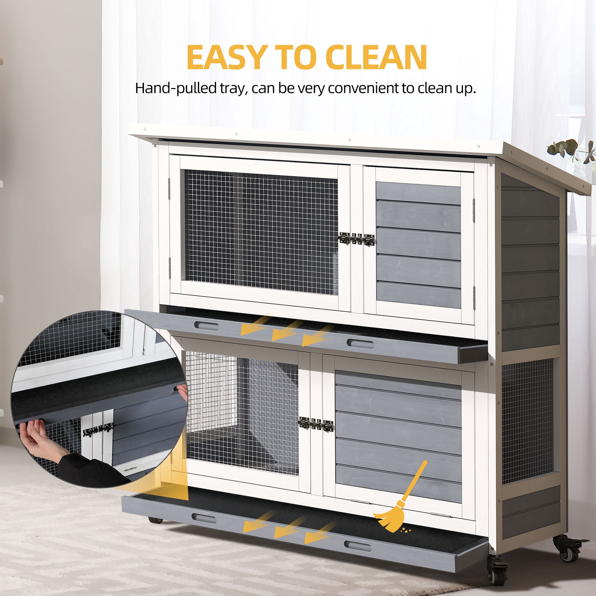 Uforic Rabbit Hutch Bunny Cage Indoor Outdoor with Removable Tray and Wheels