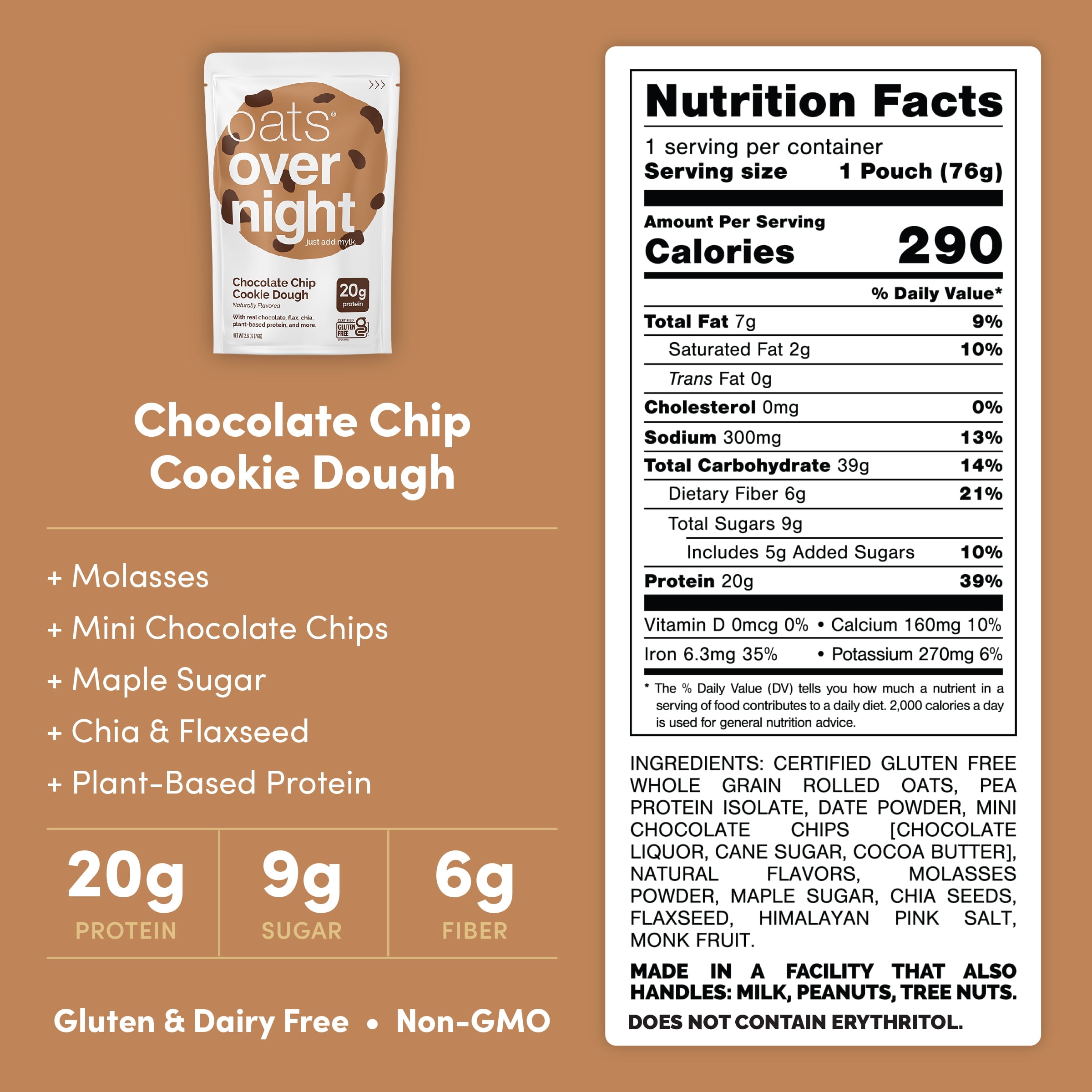 (10 pack) Oats Overnight Chocolate Chip Cookie Dough, High-Protein Oatmeal Shake, 2.6oz, 1 Pouch