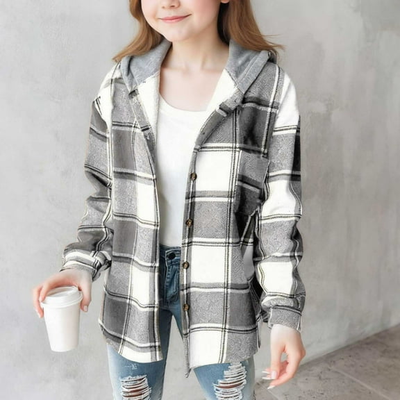 Lightweight Casual Jacket for Girls Boys Plaid Long Sleeve Shacket Fleece Lined Hooded Outerwear Warm Coat New Lightweight Jacket Kids Casual Gray 10-11 Years