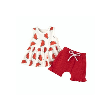 

Bebiullo Infant Baby Girl Summer Clothes Sleeveless Pineapple Print Vest Top + Ruffle Shorts 2PCS Outfit Set Red 6-12 Months