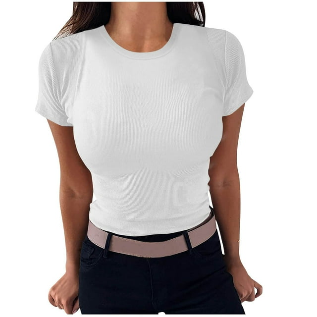 AherBiu Going out Tops for Women Ribbed Top Tees Shirt Short Sleeve Slim Basic Summer Tops