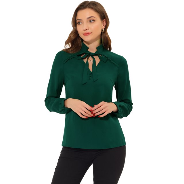 Blusa informal de manga larga con cuello en V y volantes para mujer Verde oscuro XL