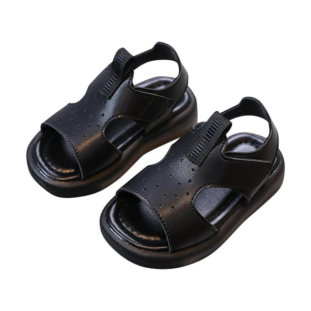 Black Children'S Soft Sole Sandals With Non-Slip Design And Adjustable Closure, Suitable For Casual Use And Light Activities, With Comfortable Construction