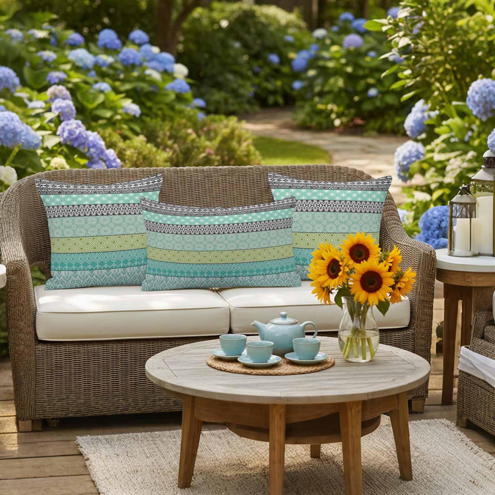 Outdoor Waterproof Throw Pillow Covers Set of 2 Teal Bohemian Decorative Pillowcases Square Pillows Cushion Case 16x16 Inch Boho Style Floral Leaves Geometric Patio Pillows for Couch Sofa Bed