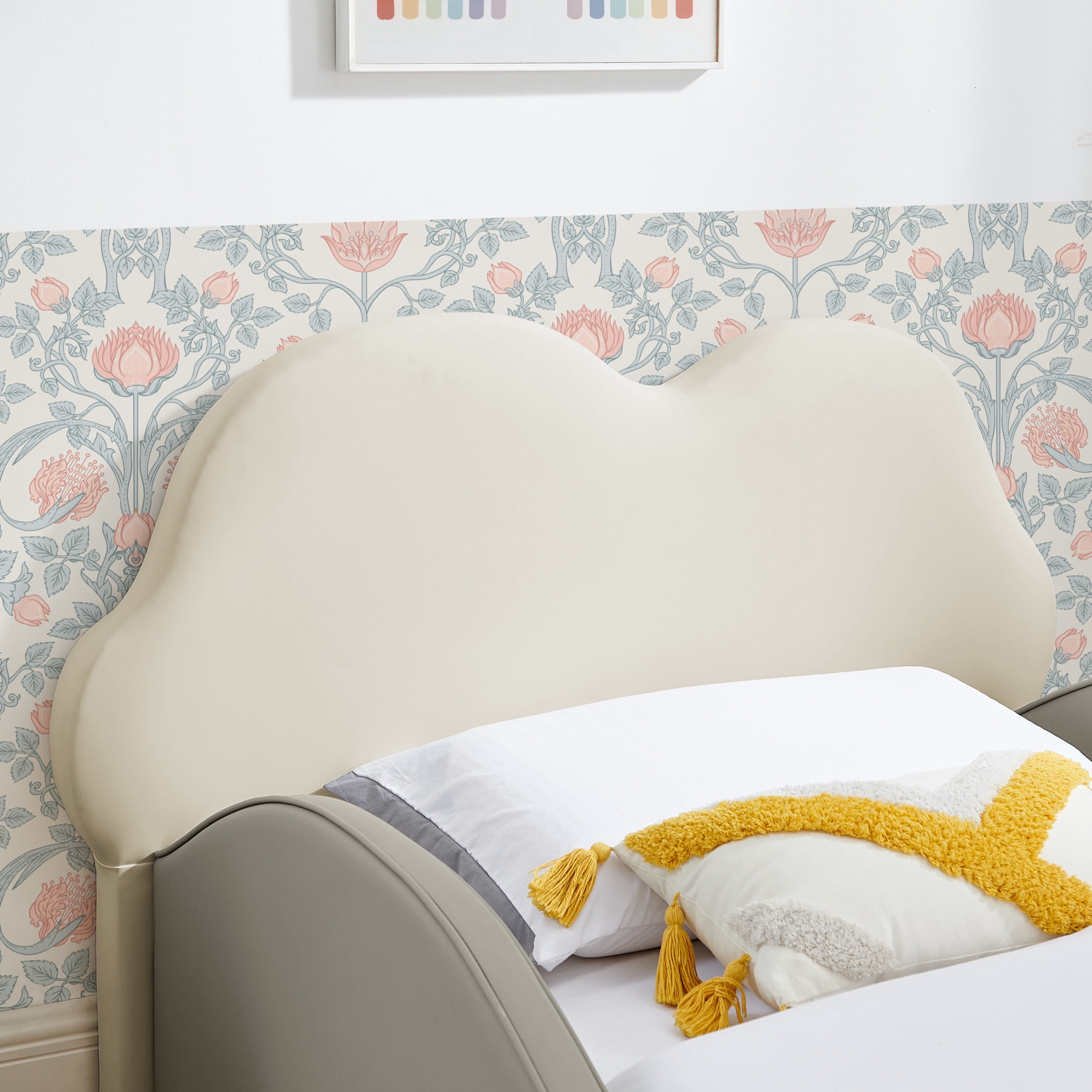 Noble House Mavor Twin Size Cute Cloud PU Leather Kids Bed with Guardrails, Cartoon Safety Toddler Bed, Grey & Beige