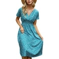 thumbnail image 4 of Women Summer Floral Print V-Neck Dress Short Sleeve High Waist Midi Slim-Fit A-Line Dresses Beach Streetwear, 4 of 13