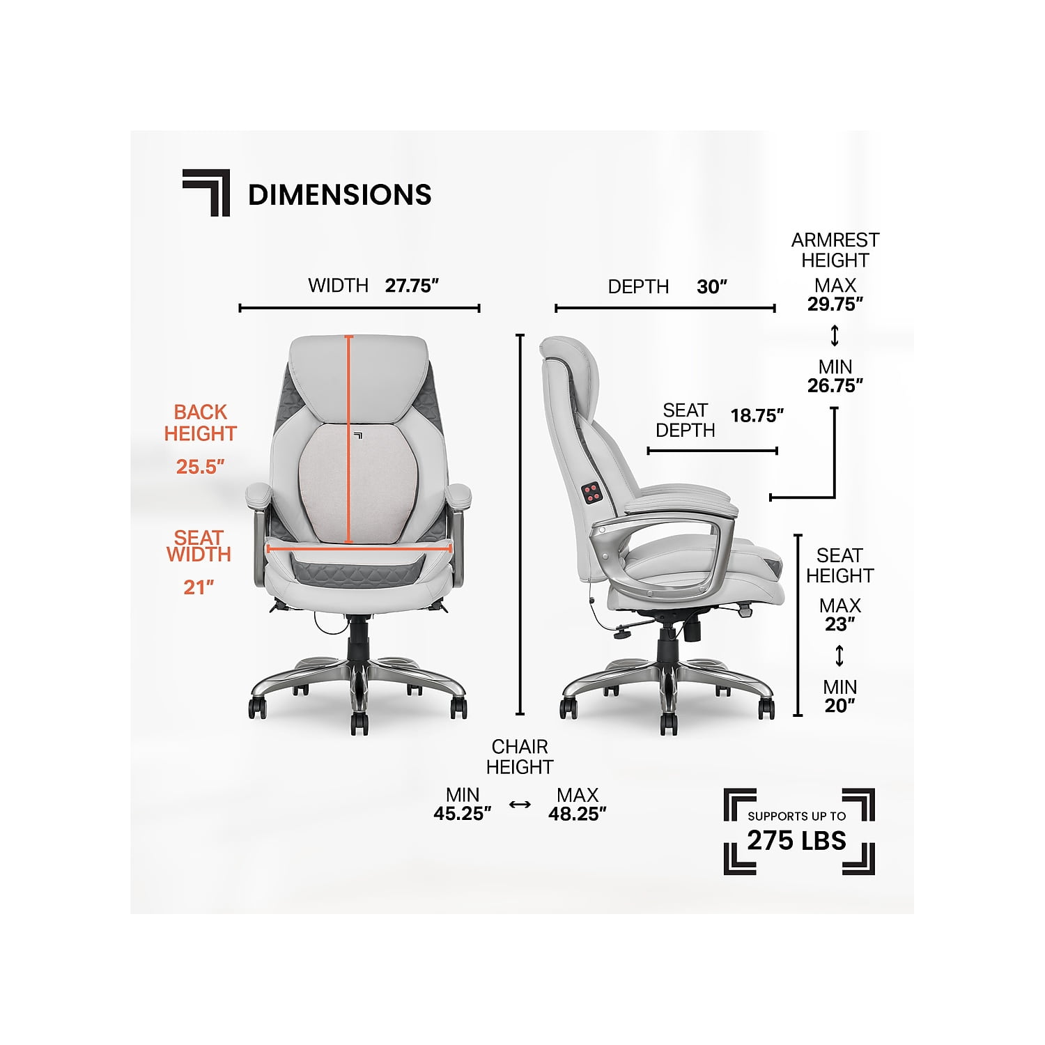 Sharper Image Ergonomic Bonded Leather Swivel Executive Massage Chair, Supports Up to 275 lbs, 20" to 23" Seat Height, Off-White
