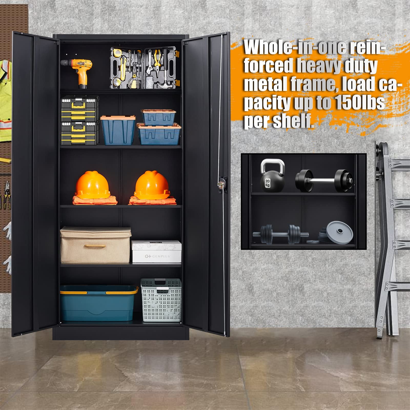 STANI Metal Garage Storage Cabinet with 2 Doors and 5 Adjustable Shelves - 71" Steel Lockable File Cabinet,Locking Tool Cabinets for Office,Home,Garage,Gym