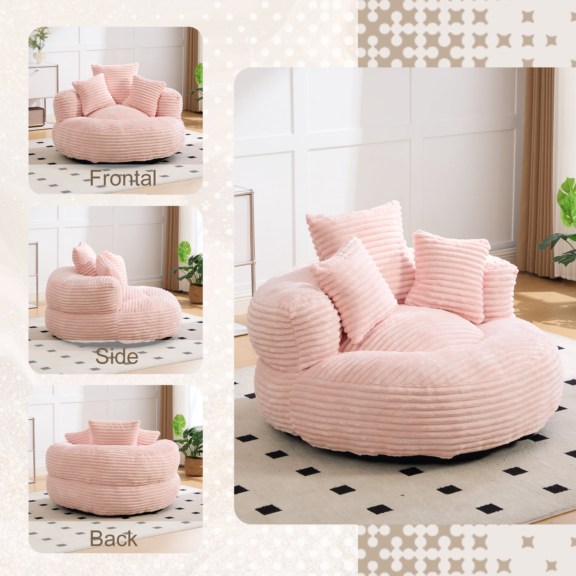 Aukfa 42.5"W Oversized Round Chaise Lounge Chair Indoor, Corduroy Floor Sofa with 3 Pillows, 550 lbs, Pink