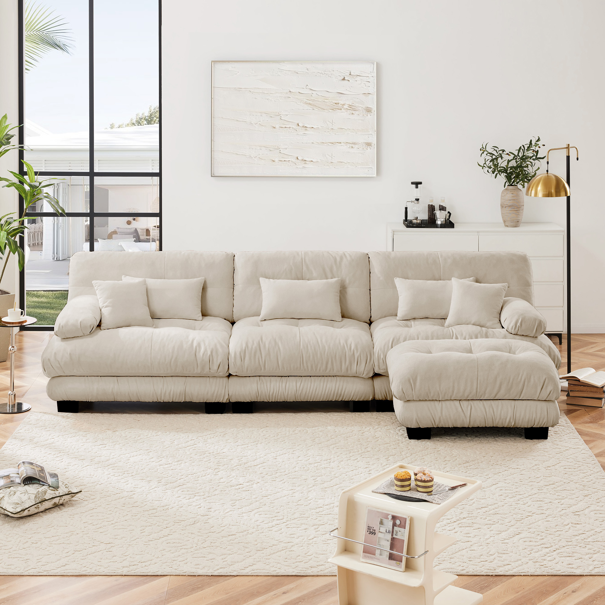 Alvantor 134" Modular Sectional Sofa with Convertible Ottomans, Chenille L-Shaped Cloud Sofa 3 Seat Oversized Couch for Living Room Light coffee