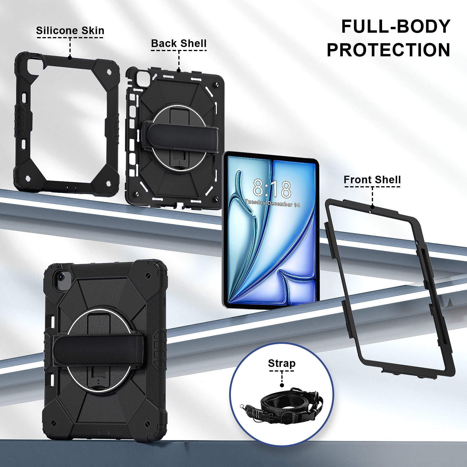 Allytechgroup iPad Air 13 Inch 2024 Case Cover with Pencil Holder, Rugged Protection with Kickstand & Hand Strap Heavy Duty Shockproof Kids Friendly Case for Apple iPad Air 13 M2 2024, Black