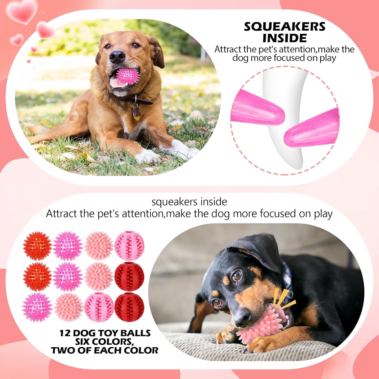 60 Pcs Squeaky Dog Toys Bulk Stuffed Plush Chew Toys Puppy Teething Rope Cute Spiky Chew Ball for Small Dog Pet Teething Gift(Pink Style)