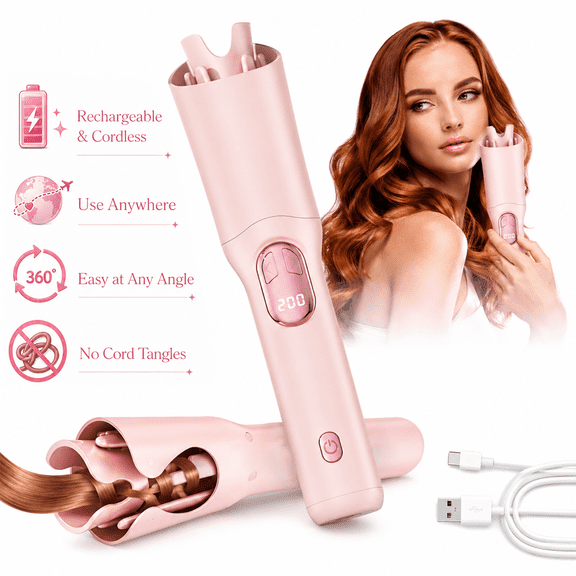 JUUTREN Hair Curler Curling Iron Wand — Cordless Automatic 1.25 inch Rotating Curling Wand for Beach Waves & Loose Curls, Portable Wireless with 3 Heat Settings 320℉–400℉, Pink
