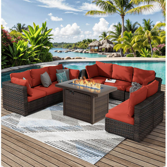 Gaildon 9 Piece Patio Furniture Set with Fire Pit Table, All Weather Outdoor Sectional PE Rattan, Patio Conversation Sets with Cushions and Glass Coffee Table for Garden Lawn Balcony Porch Deck, Red