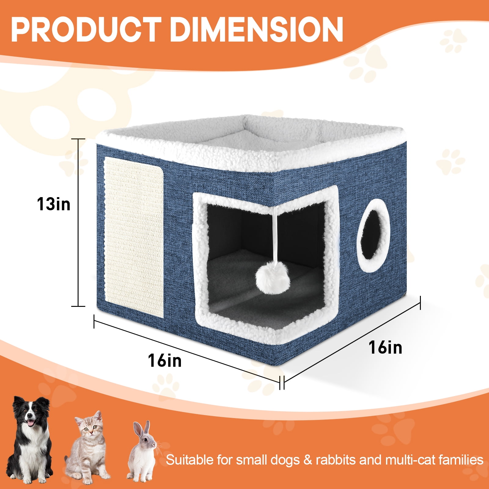 Cat Bed YUWENUS Cat House for Indoor Cats with 2 Cushion, Large Cat Cave with Scratch Pad and Fluffy Ball Hanging,Blue