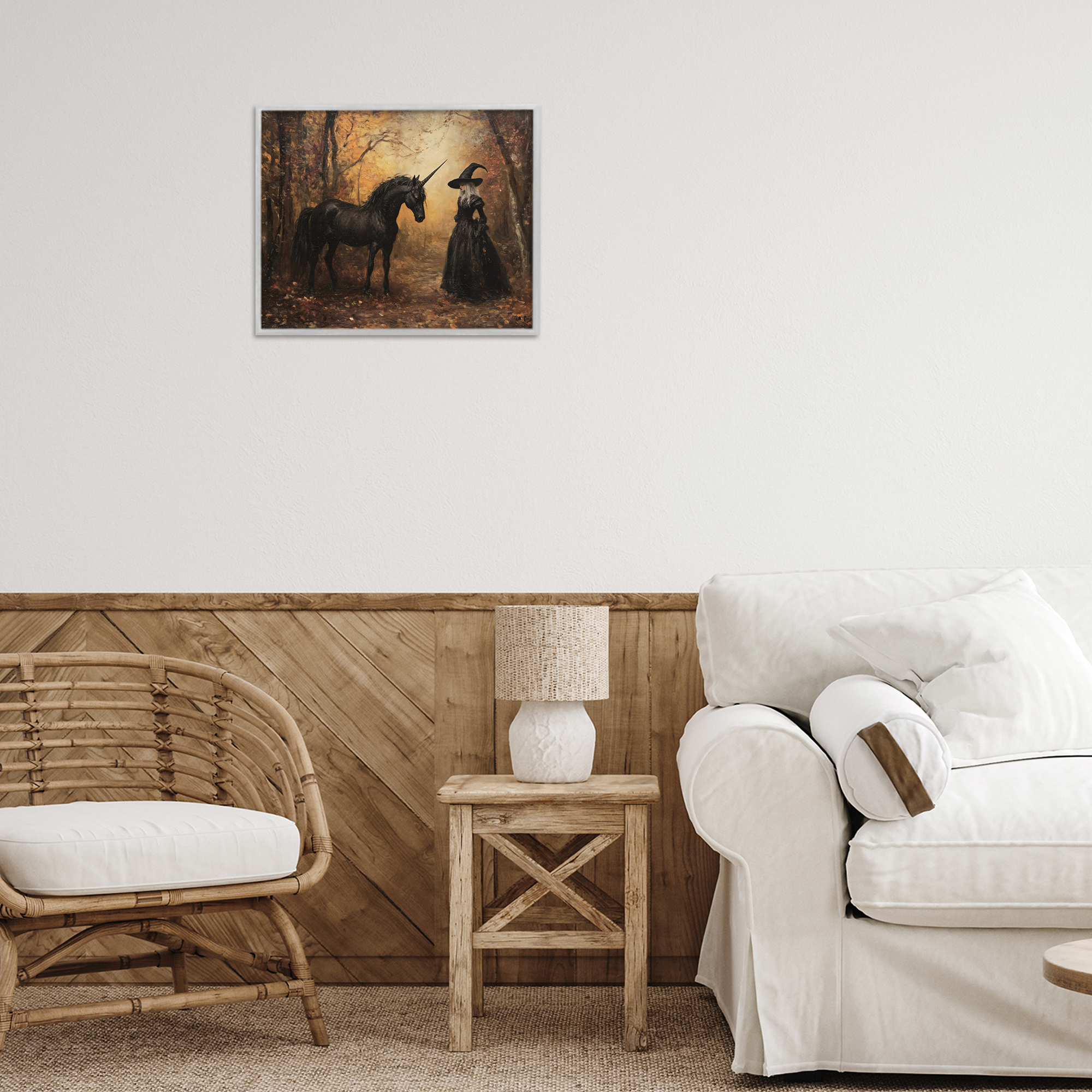 Witch & Black Unicorn Gray Framed Giclee Art, design by Arlington Prints