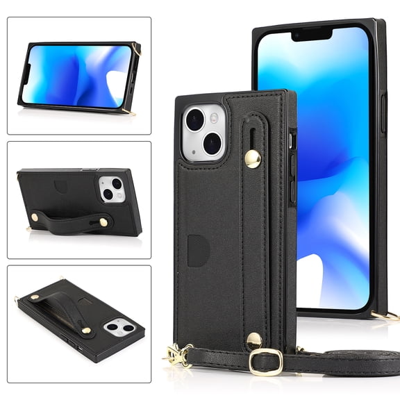 Allytech Slim Case for iPhone 14 Plus with Card Slot & Shoulder Strap, Premium PU Leather Adjustable Strap Wristband Kickstand Shockproof Full Protective Cover for Women Men - Black